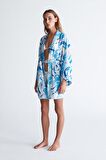 Peraluna AZUL KİMONO Çiçekli Dalga Desen 84 CM Mini Boy Kadın Kimono Mavi