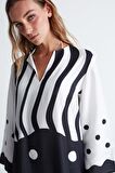 Peraluna POLKA DOT CAFTAN Puantiye Desen V Yaka Midi Boy Yırtmaçlı Kadın Kaftan Siyah/Beyaz