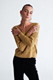 Peraluna SCARLET PULLOVER Çiçek Desen V Yaka Simli Uzun Kol Kadın Triko Kazak Altın