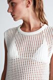 Peraluna PEARL DRESS Ajurlu Bisiklet Yaka Uzun Kadın Triko Elbise Ekru