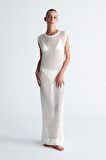 Peraluna PEARL DRESS Ajurlu Bisiklet Yaka Uzun Kadın Triko Elbise Ekru