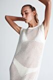 Peraluna PEARL DRESS Ajurlu Bisiklet Yaka Uzun Kadın Triko Elbise Ekru