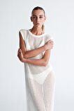 Peraluna PEARL DRESS Ajurlu Bisiklet Yaka Uzun Kadın Triko Elbise Ekru
