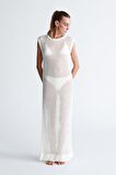 Peraluna PEARL DRESS Ajurlu Bisiklet Yaka Uzun Kadın Triko Elbise Ekru