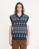 Far Afield PINTO KNITTED VEST-DIAMONDS V Yaka Baklava Desen %100 Organik Pamuk Erkek Triko Süveter - Lacivert
