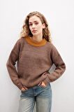 Peraluna LORETTA PULLOVER Bisiklet Yaka Selanik Örgü Organik Pamuk-Yün Karışım Muline Kadın Triko Kazak - Kahve Muline