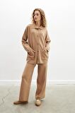 Peraluna DENISE TROUSER Rahat Kalıp Pamuk-Yün Karşım Kadın Triko Pantolon - Camel
