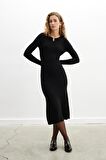 Styleboom X Peraluna DORSET DRESS Toka Detaylı Ribana Örgü Midi Kadın Triko Elbise - Siyah