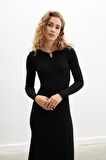 Styleboom X Peraluna DORSET DRESS Toka Detaylı Ribana Örgü Midi Kadın Triko Elbise - Siyah