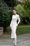 Styleboom X Peraluna DORSET DRESS Toka Detaylı Ribana Örgü Midi Kadın Triko Elbise - Ekru