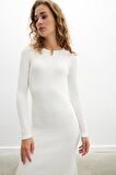 Styleboom X Peraluna DORSET DRESS Toka Detaylı Ribana Örgü Midi Kadın Triko Elbise - Ekru