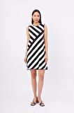 Peraluna PAULA DRESS Diagonal Çizgili A Form Kolsuz İnce Kadın Triko Elbise - Siyah/Beyaz