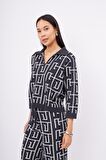 Peraluna MAZE BLOUSE Labirent Desen Crop Kesim Polo Yaka Kadın Triko Bluz - Antrasit/Ekru