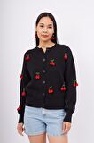 Peraluna CHERRY CARDIGAN Bol Kesim Elde Dokuma Kiraz Detaylı Kadın Triko Hırka - Siyah