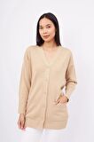 Peraluna NICOLA LONG CARDIGAN Cepli Klasik Kesim V Yaka Uzun Kadın Triko Hırka - Bej
