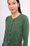Peraluna Bisiklet Yaka Basic Pamuklu Kadın Triko Hırka - Koyu Yeşil