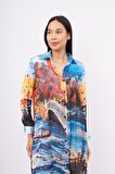 Peraluna SWEET MEMORIES LONG SHIRT DRESS Manzara Baskılı 120 CM Saten Uzun Gömlek Elbise - Çok Renkli