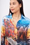 Peraluna SWEET MEMORIES LONG SHIRT DRESS Manzara Baskılı 120 CM Saten Uzun Gömlek Elbise - Çok Renkli