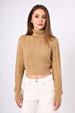 Peraluna Scarlett Saç Örgülü Krop Kesim Kadın Triko Kazak - Camel