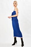 Peraluna Saks Mavi Rengi Askılı Midi Boy Abiye Triko Elbise