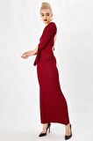 Peraluna Bordo Renk Sırtı Açık Uzun Abiye Triko Elbise