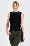 Peraluna Arkası Şifonlu Önü Kısa Siyah Kadın Triko Bluz