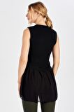 Peraluna Arkası Şifonlu Önü Kısa Siyah Kadın Triko Bluz