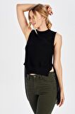 Peraluna Arkası Şifonlu Önü Kısa Siyah Kadın Triko Bluz