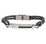 Erkek Siyah Taşlı Gri Renk Deri Bileklik