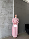 Gofre Fırfırlı Elbiise Pembe