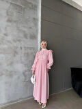 Gofre Fırfırlı Elbiise Pembe
