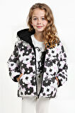 Kız Çocuk Çiçek Desen Polar Su ve Rüzgar Geçirmez Kapüşonlu Cepli Şişme Kışlık Mont