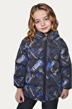 Kız Çocuk Saks Dijital Desen Polar Su ve Rüzgar Geçirmez Kapüşonlu Şişme Kışlık Mont