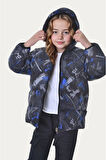 Kız Çocuk Saks Dijital Desen Polar Su ve Rüzgar Geçirmez Kapüşonlu Şişme Kışlık Mont