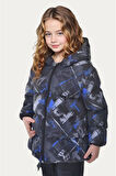 Kız Çocuk Saks Dijital Desen Polar Su ve Rüzgar Geçirmez Kapüşonlu Şişme Kışlık Mont
