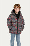 Kız Çocuk Dijital Baskılı Desen Polar Su ve Rüzgar Geçirmez Kapüşonlu Cepli Şişme Kışlık Mont