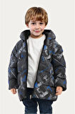 Erkek Çocuk Dijital Desen Polar Su ve Rüzgar Geçirmez Kapüşonlu Şişme Kışlık Mont