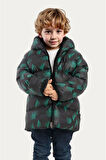 Erkek Çocuk Dijital Desen Polar Su ve Rüzgar Geçirmez Kapüşonlu Şişme Kışlık Mont