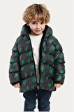 Erkek Çocuk Dijital Desen Polar Su ve Rüzgar Geçirmez Kapüşonlu Şişme Kışlık Mont