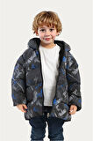 Erkek Çocuk Dijital Desen Polar Su ve Rüzgar Geçirmez Kapüşonlu Şişme Kışlık Mont