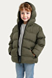 Erkek Çocuk Polarlı Kapüşonlu Su Geçirmez Rüzgara Dayanıklı Cepli Şişme Kışlık Mont