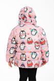 Spor Kız Çocuk Polarlı Kapüşonlu Penguen Şeker Desenli Kışlık Şişme Mont & Kaban & Parka