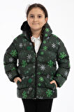 Spor Kız Çocuk Dijital Desen Polar Su ve Rüzgar Geçirmez Kapüşonlu Şişme Kışlık Mont