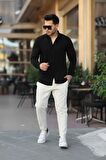 Duble Paça Katlamalı  Örme Keten Pantolon - Bej