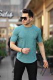 Jakarlı Desenli Bisiklet Yaka T-shirt - Petrol
