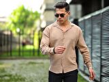 Apaş Yaka Oversize Müslin Kumaş Gömlek - Bej