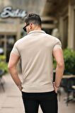 Gofret Desen Kısa Kol Fit Gömlek - Bej