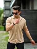 Çizgi Desenli Kısa Kol Fit Gömlek - Bej