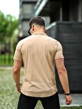Çizgi Desenli Kısa Kol Fit Gömlek - Bej