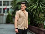 Çizgi Şeritli Kısa Kol Fit Gömlek - Bej